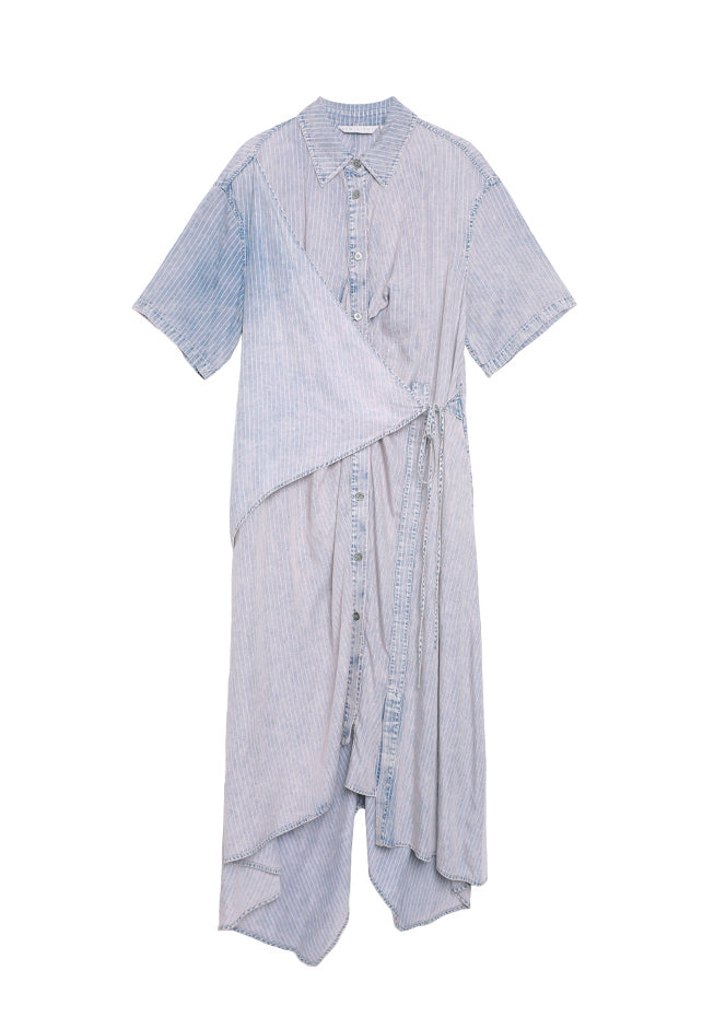 Chic Peter Pan Collar Asymmetrical Design Lace Up Patchwork Denim Dress Summer