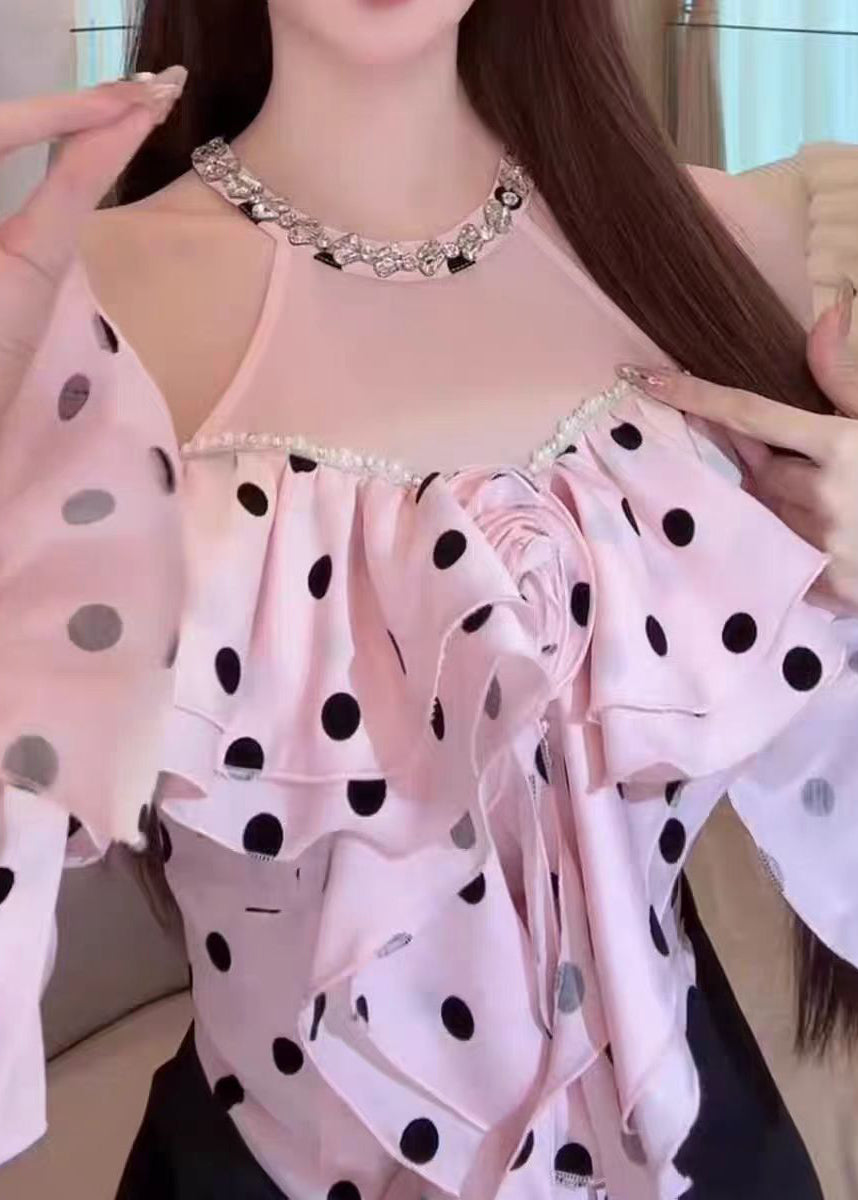 Chic Pink Cold Shoulder Ruffled Dot Cotton Shirt Tops Fall