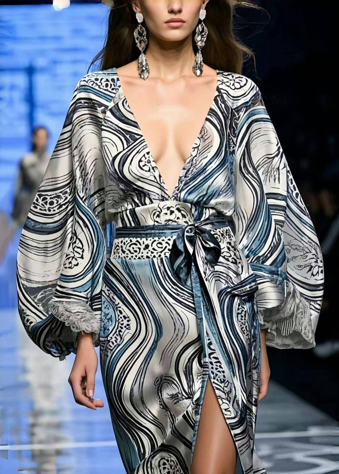 Chic Print Side Open Silk Tunic Dress Lantern Sleeve