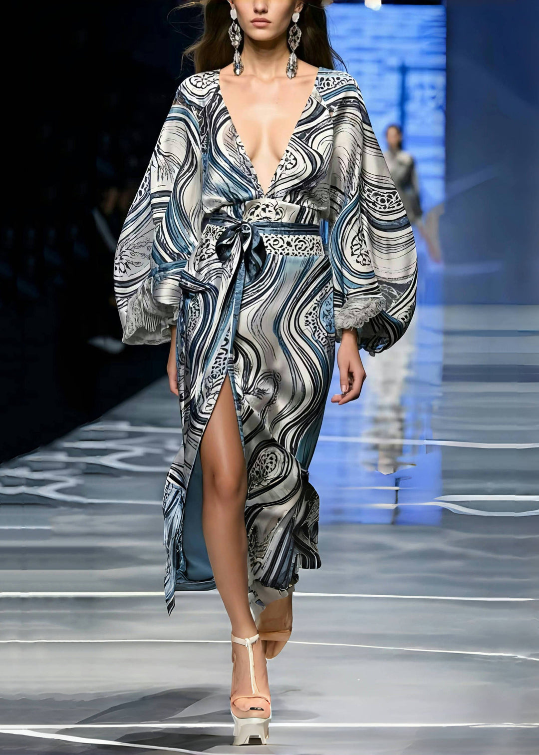 Chic Print Side Open Silk Tunic Dress Lantern Sleeve