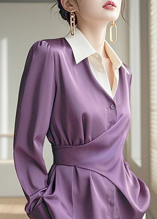 Chic Purple Peter Pan Collar Asymmetrical Design Silk Shirts Spring