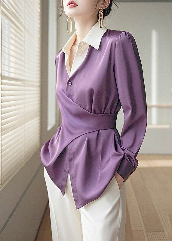 Chic Purple Peter Pan Collar Asymmetrical Design Silk Shirts Spring