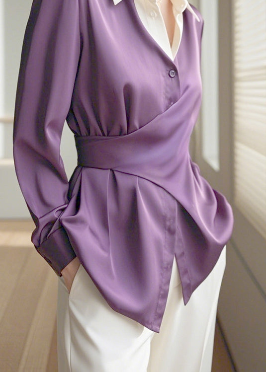Chic Purple Peter Pan Collar Asymmetrical Design Silk Shirts Spring