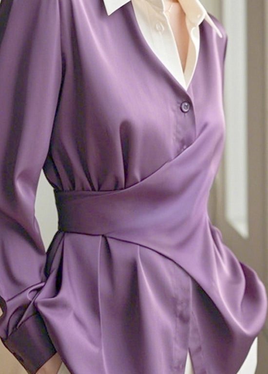 Chic Purple Peter Pan Collar Asymmetrical Design Silk Shirts Spring