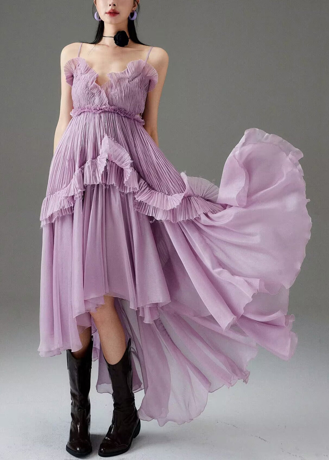 Chic Purple Ruffled Low High Design Chiffon Spaghetti Strap Dress Sleeveless