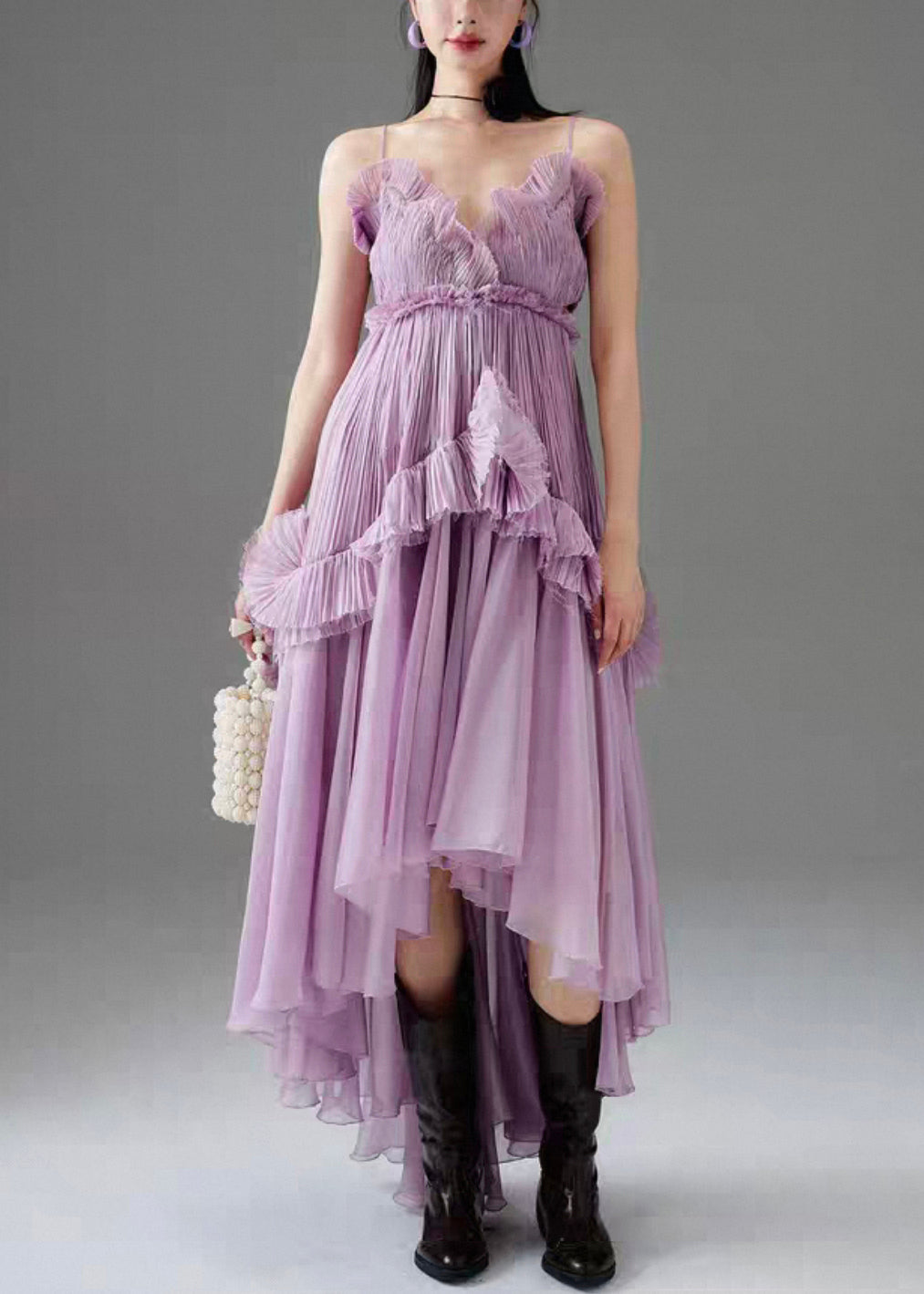 Chic Purple Ruffled Low High Design Chiffon Spaghetti Strap Dress Sleeveless
