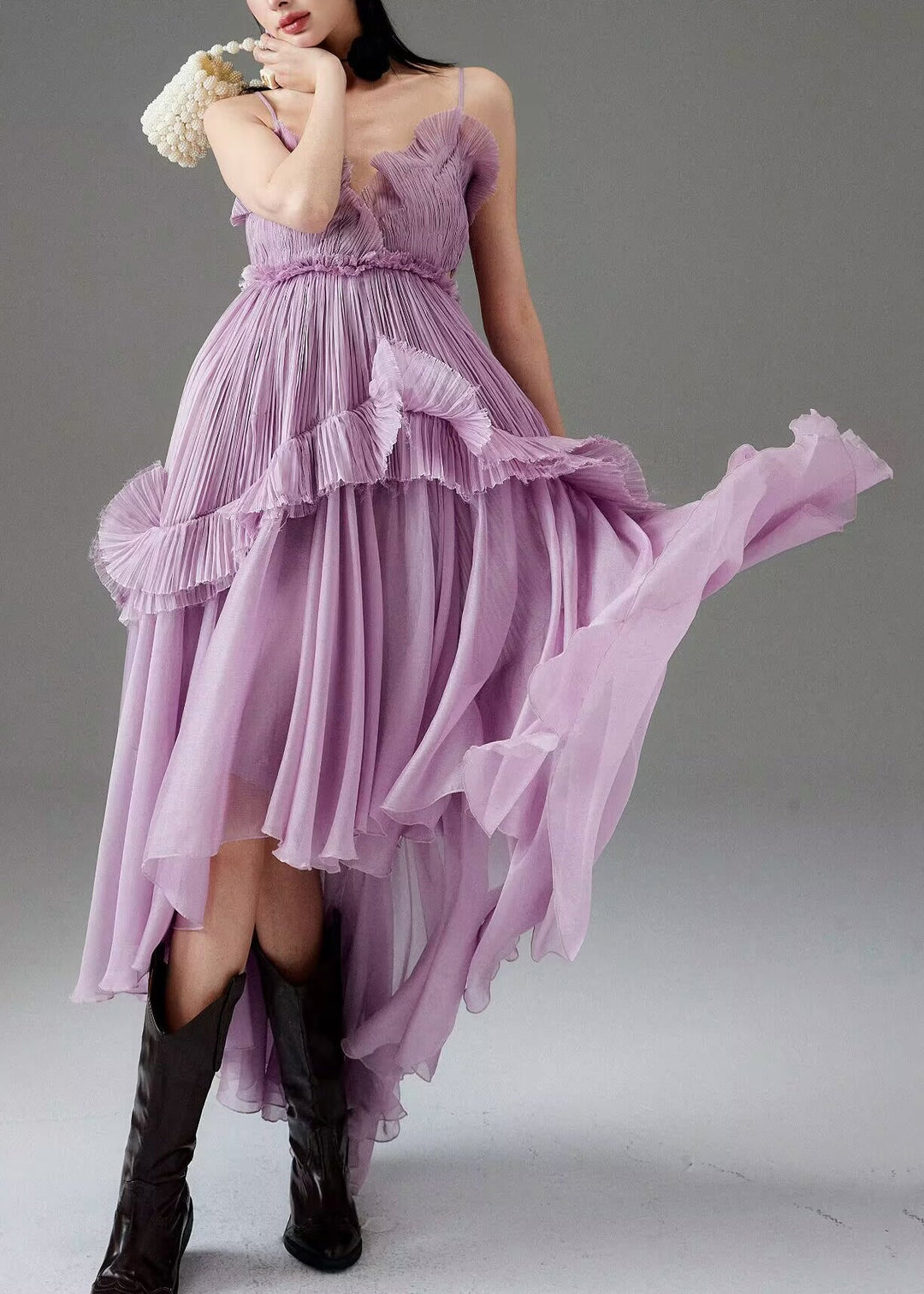 Chic Purple Ruffled Low High Design Chiffon Spaghetti Strap Dress Sleeveless