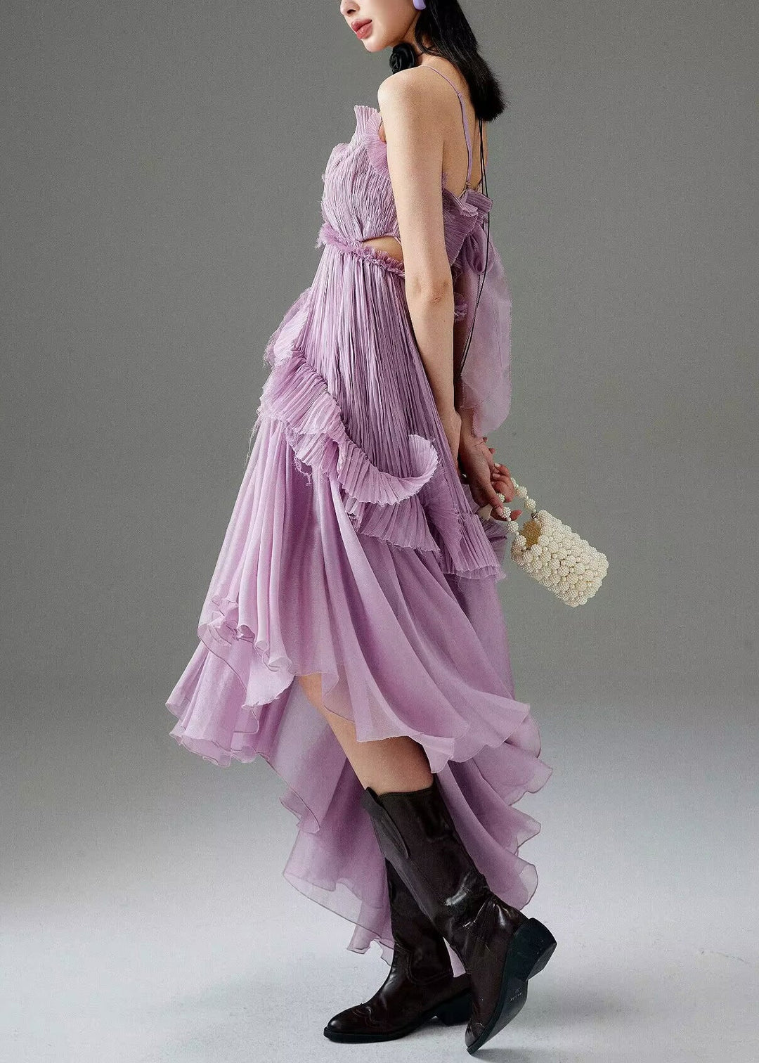 Chic Purple Ruffled Low High Design Chiffon Spaghetti Strap Dress Sleeveless
