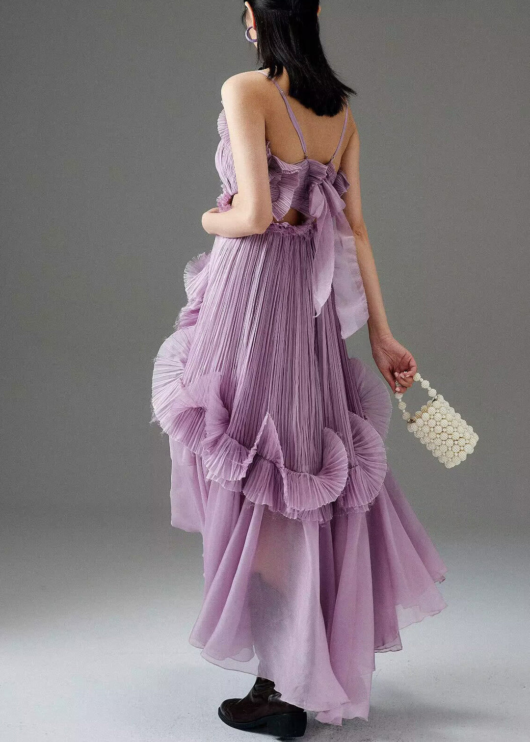 Chic Purple Ruffled Low High Design Chiffon Spaghetti Strap Dress Sleeveless