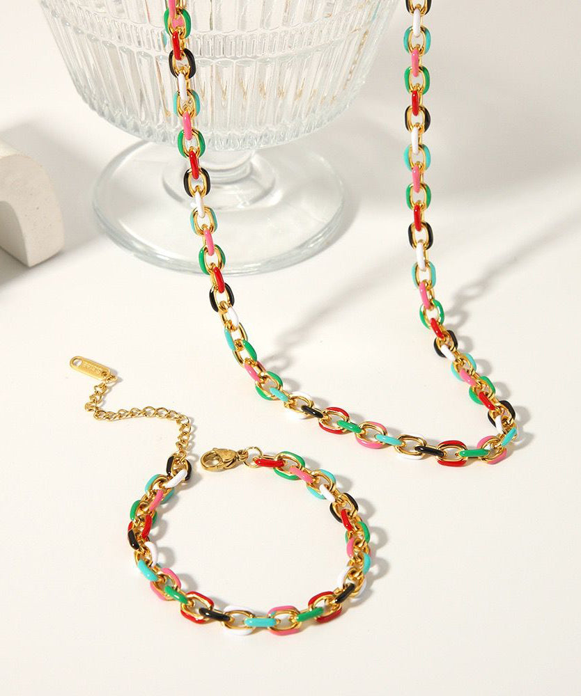 Chic Rainbow Stainless Steel Drip Glaze Enamel Bracelet And Pendant Necklace Two Piece Set