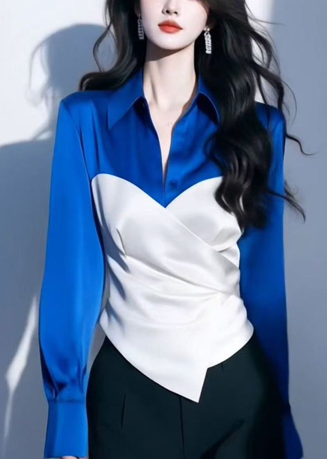 Chic Red Peter Pan Collar Patchwork Silk Shirt Spring