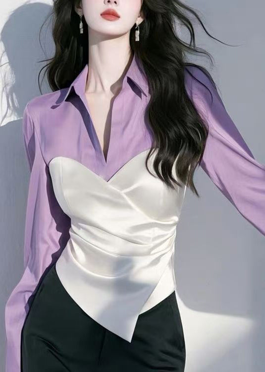 Chic Red Peter Pan Collar Patchwork Silk Shirt Spring