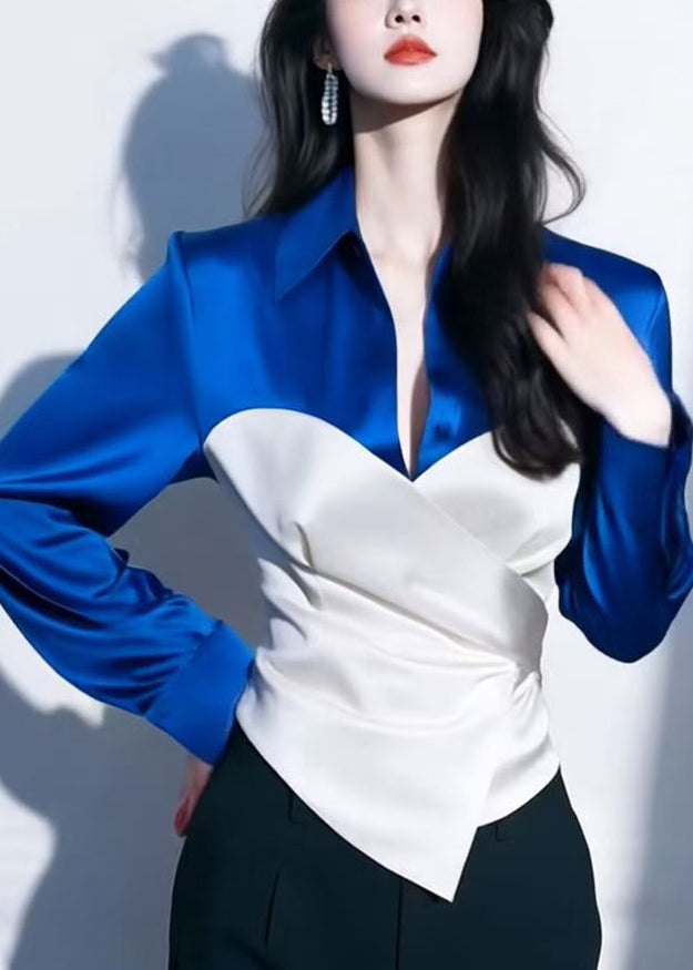 Chic Red Peter Pan Collar Patchwork Silk Shirt Spring