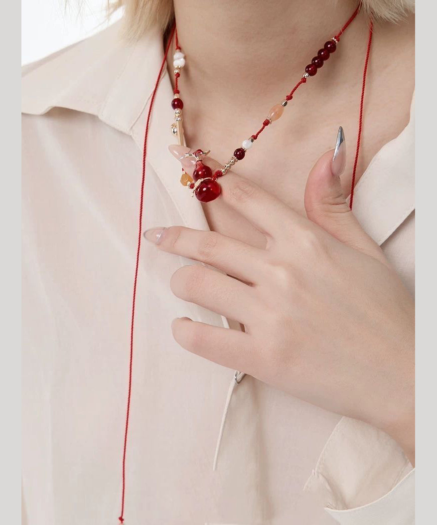 Chic Red String Reinforced Glass Calabash Pendant Necklace