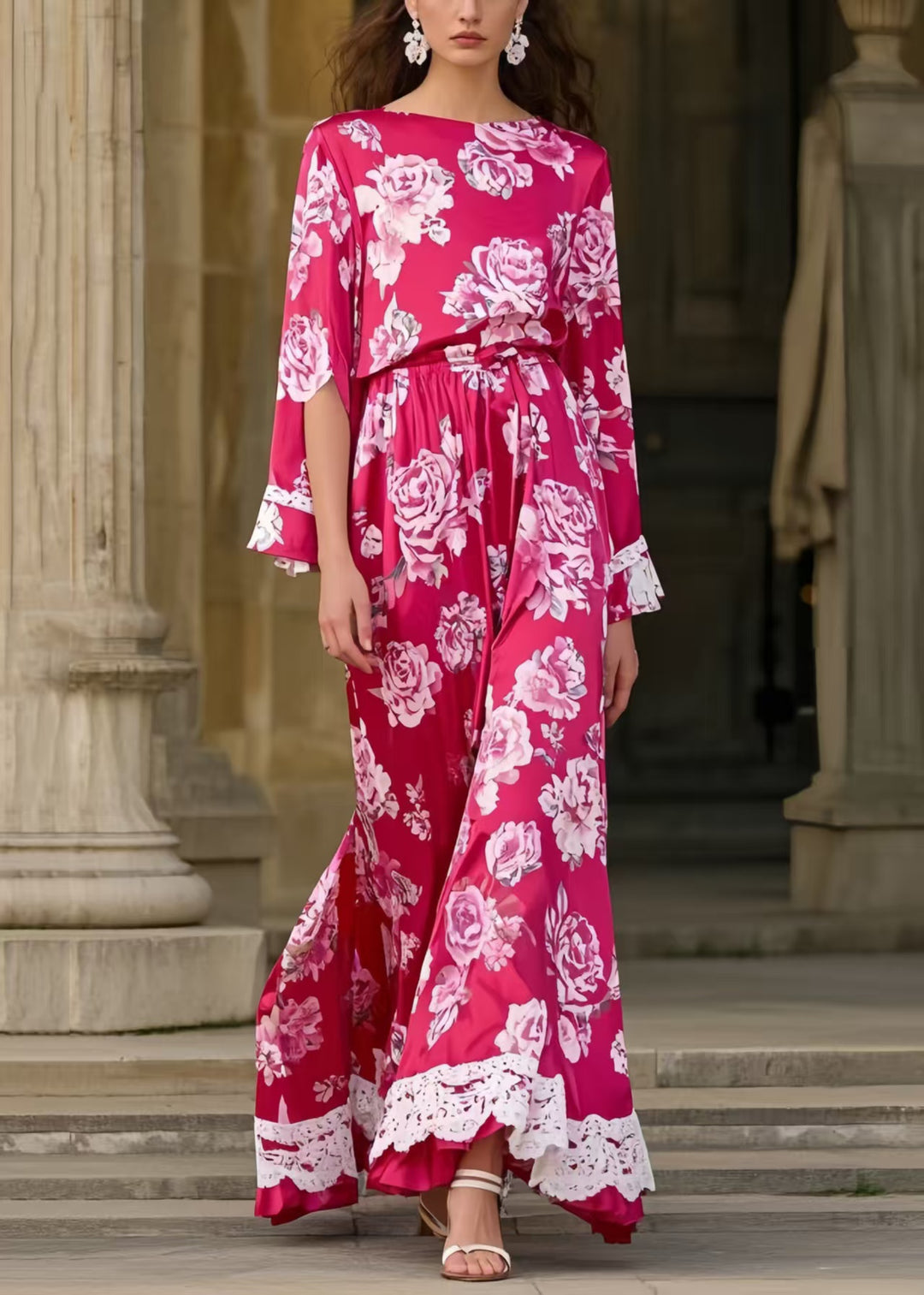 Chic Rose Cinched Floral Silk Long Dress Spring