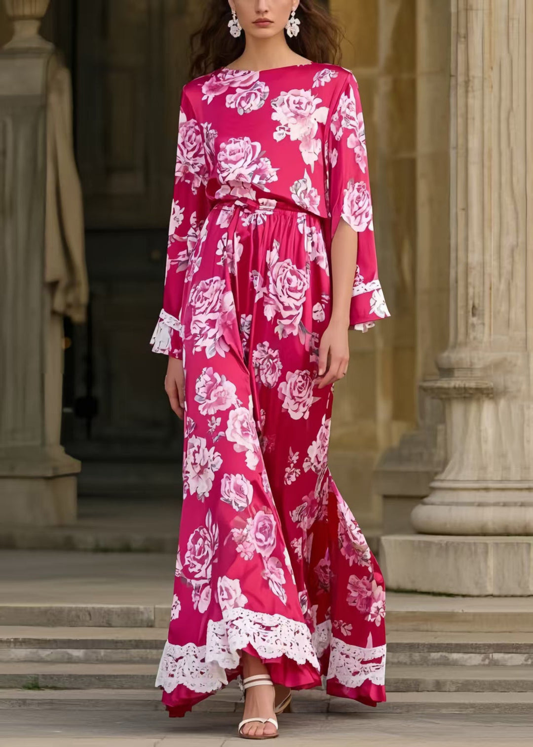 Chic Rose Cinched Floral Silk Long Dress Spring