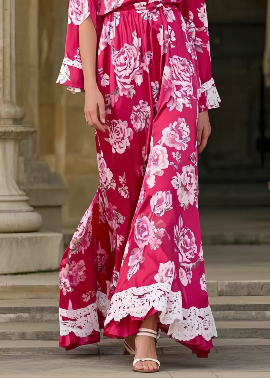 Chic Rose Cinched Floral Silk Long Dress Spring
