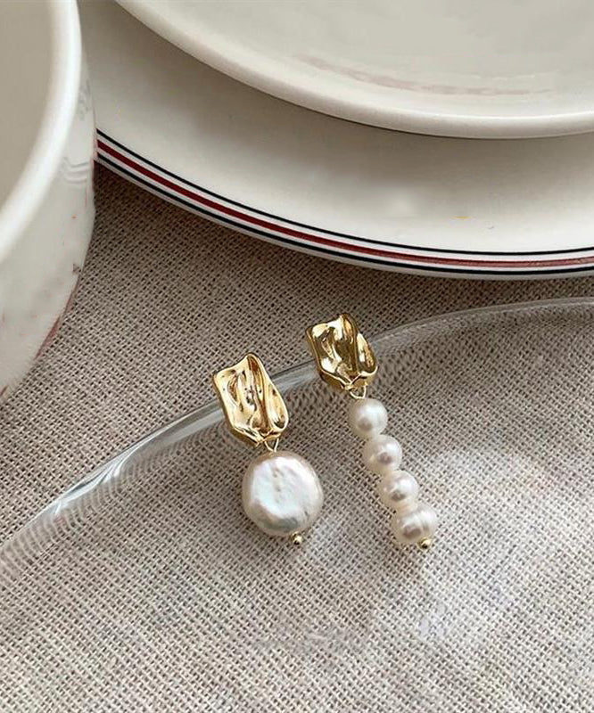 Chic White Alloy Asymmetrical Pearl Drop Earrings