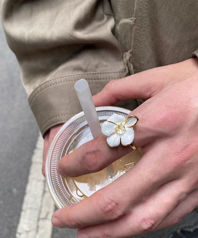 Chic White Copper Overgild Zircon Floral Open Rings