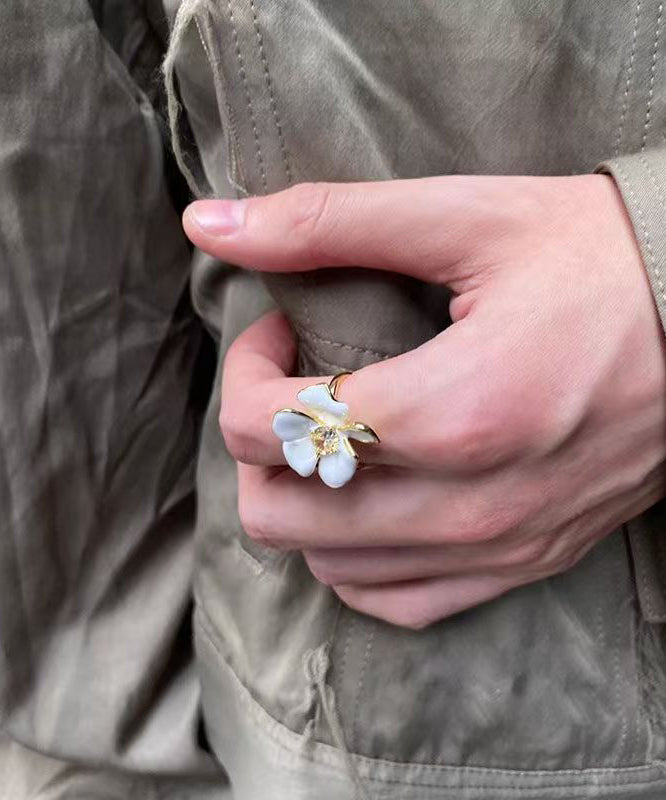 Chic White Copper Overgild Zircon Floral Open Rings