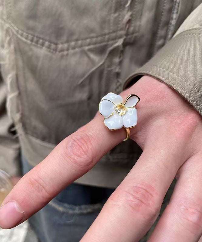 Chic White Copper Overgild Zircon Floral Open Rings