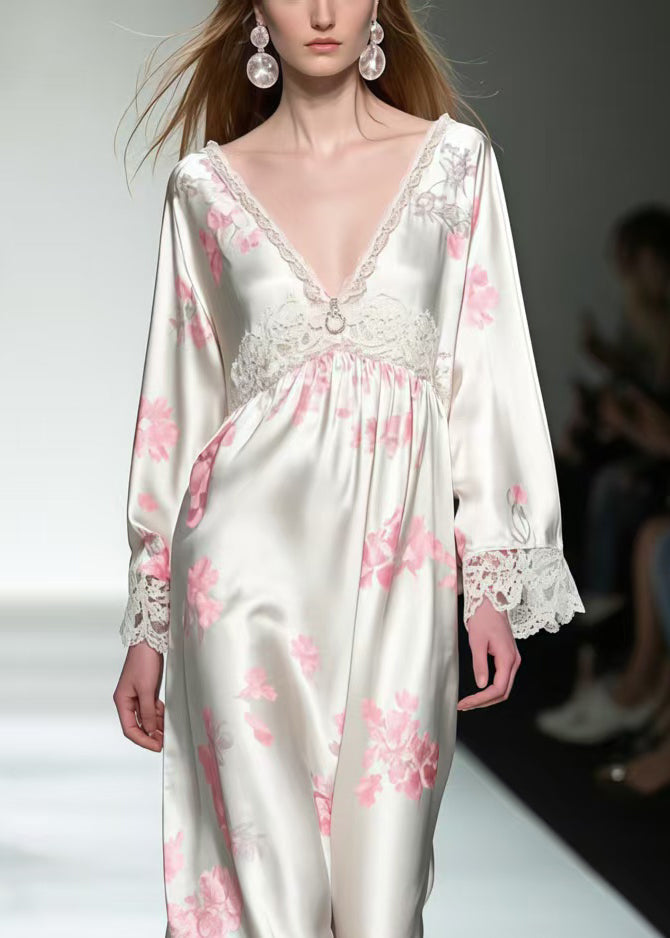 Chic White Print Patchwork Lace Silk Maxi Dresses Spring