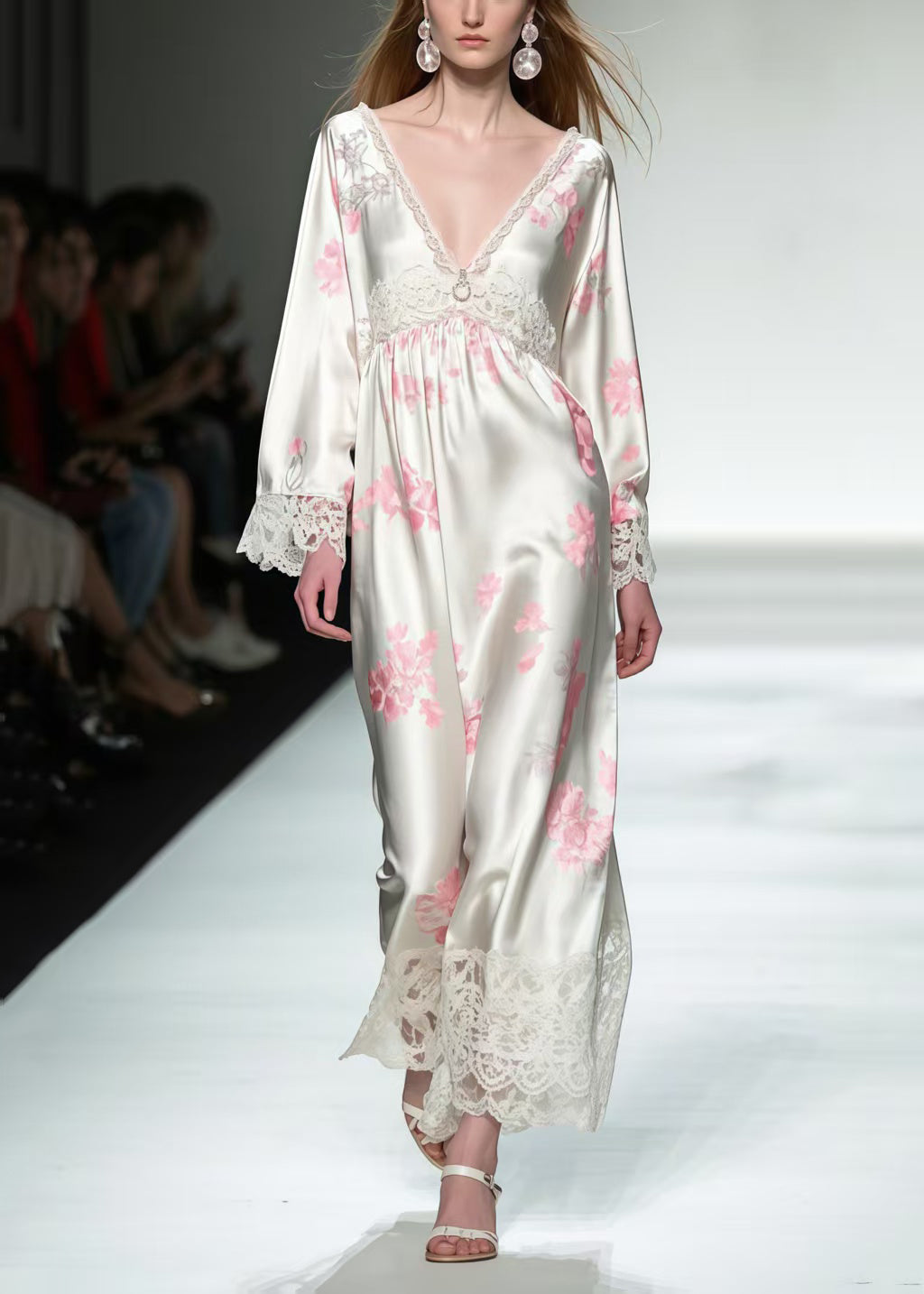 Chic White Print Patchwork Lace Silk Maxi Dresses Spring