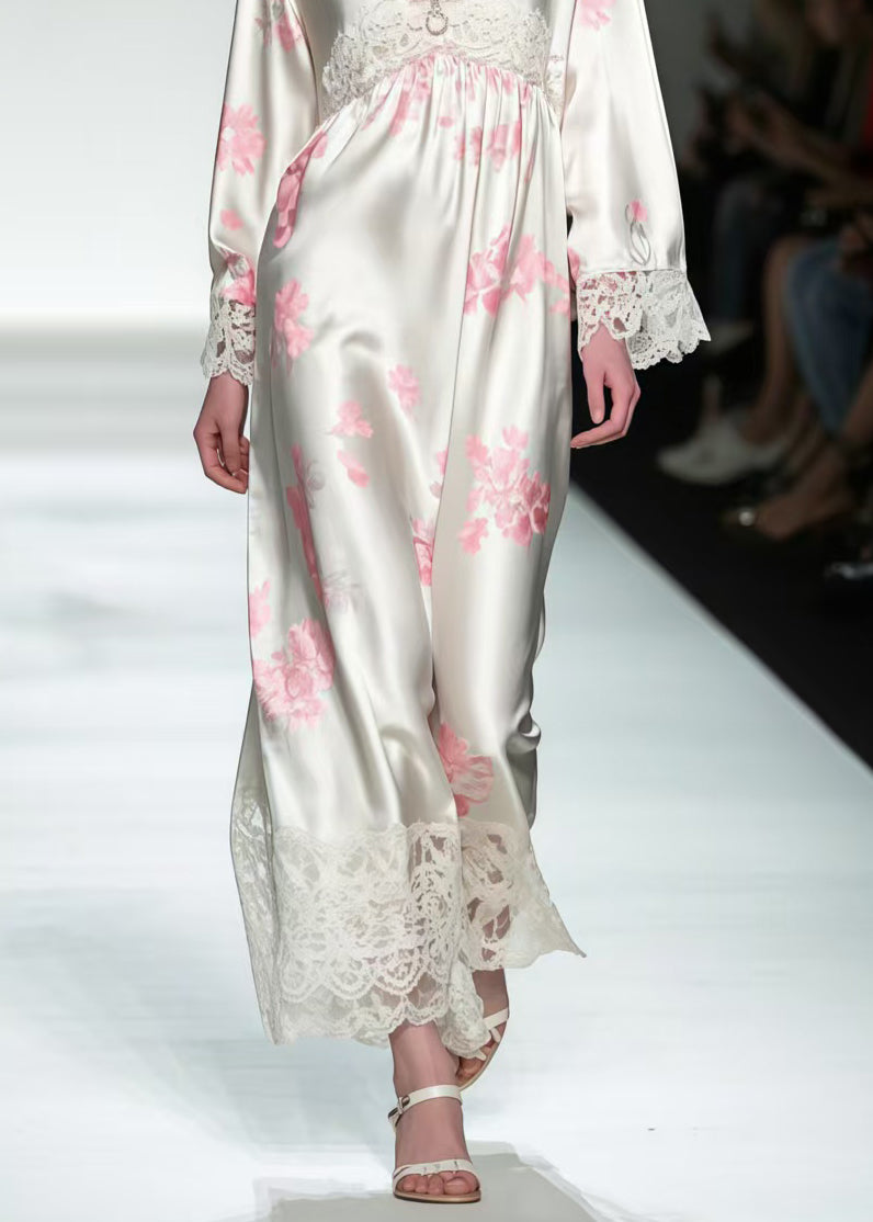 Chic White Print Patchwork Lace Silk Maxi Dresses Spring