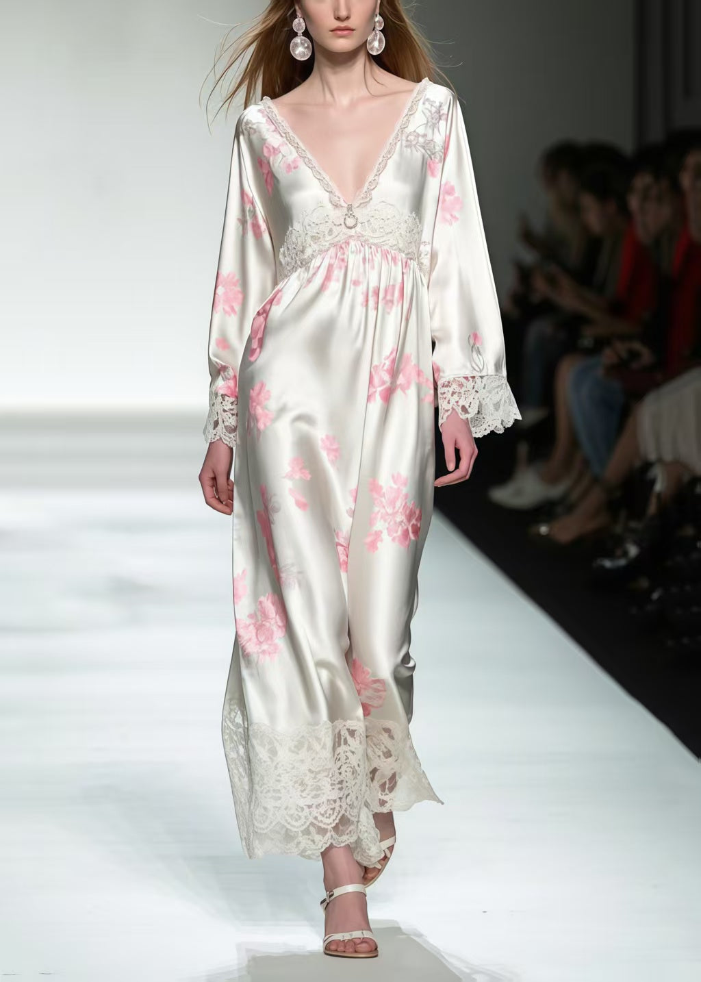 Chic White Print Patchwork Lace Silk Maxi Dresses Spring