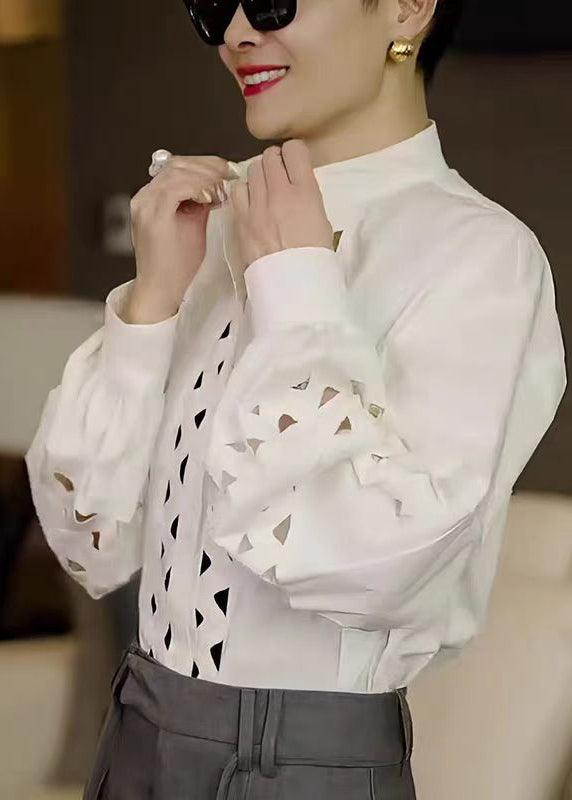Chic White Stand Collar Hollow Out Cotton Shirt Tops Fall