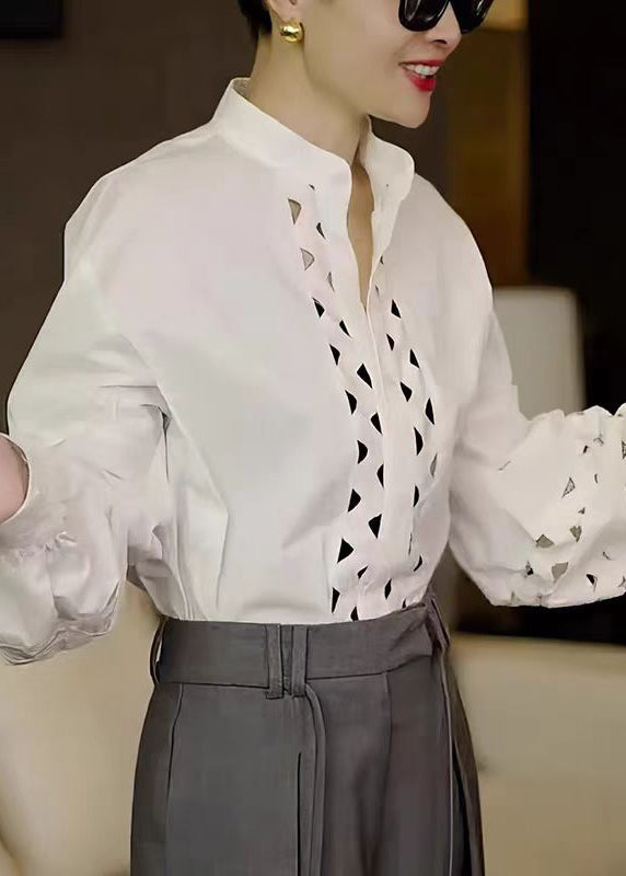 Chic White Stand Collar Hollow Out Cotton Shirt Tops Fall
