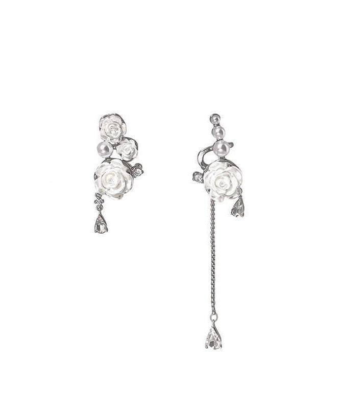 Chic White Sterling Silver Asymmetrical Rose Tassel Drop Earrings