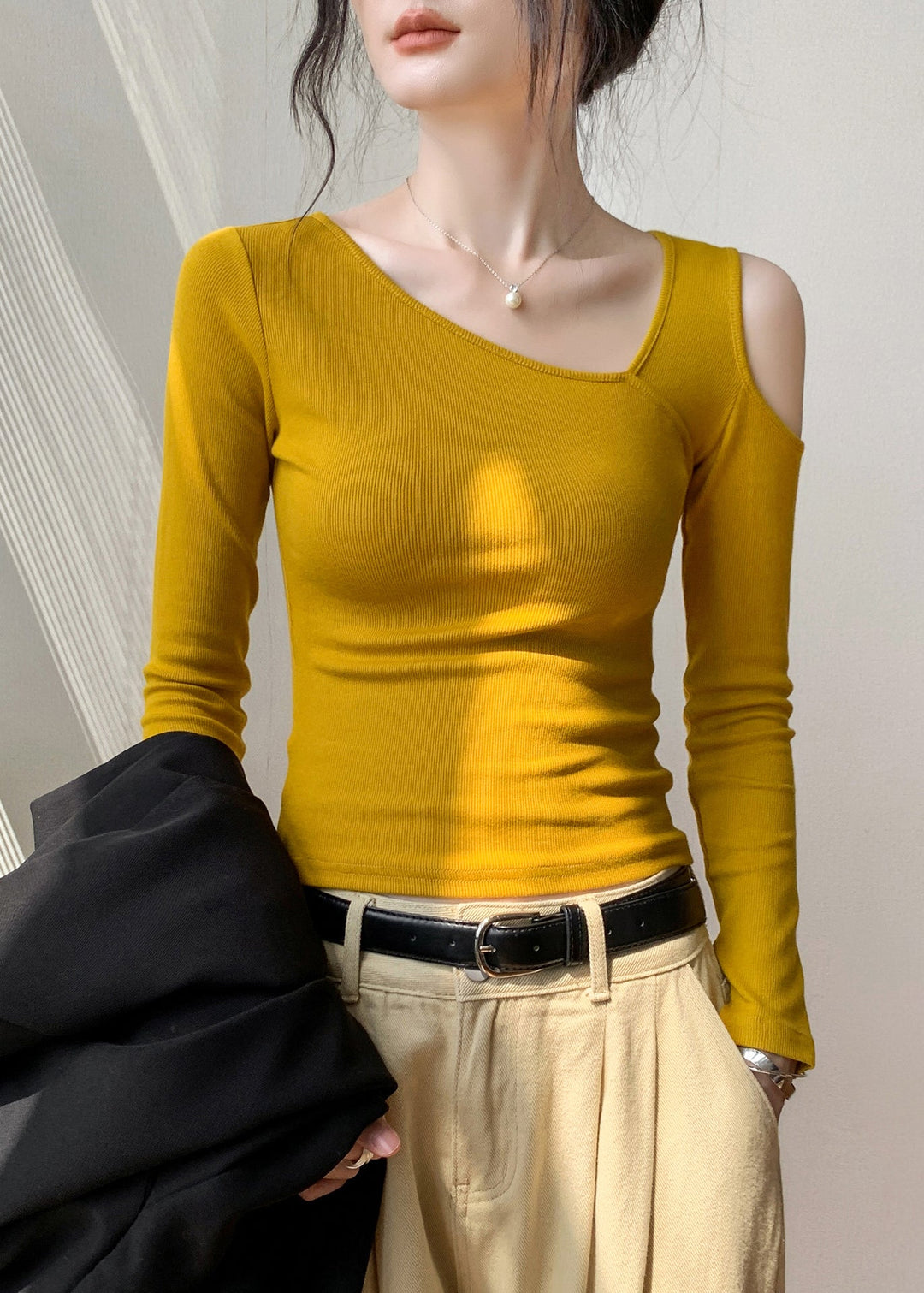 Chic Yellow Cold Shoulder Hollow Out Cotton T Shirt Fall