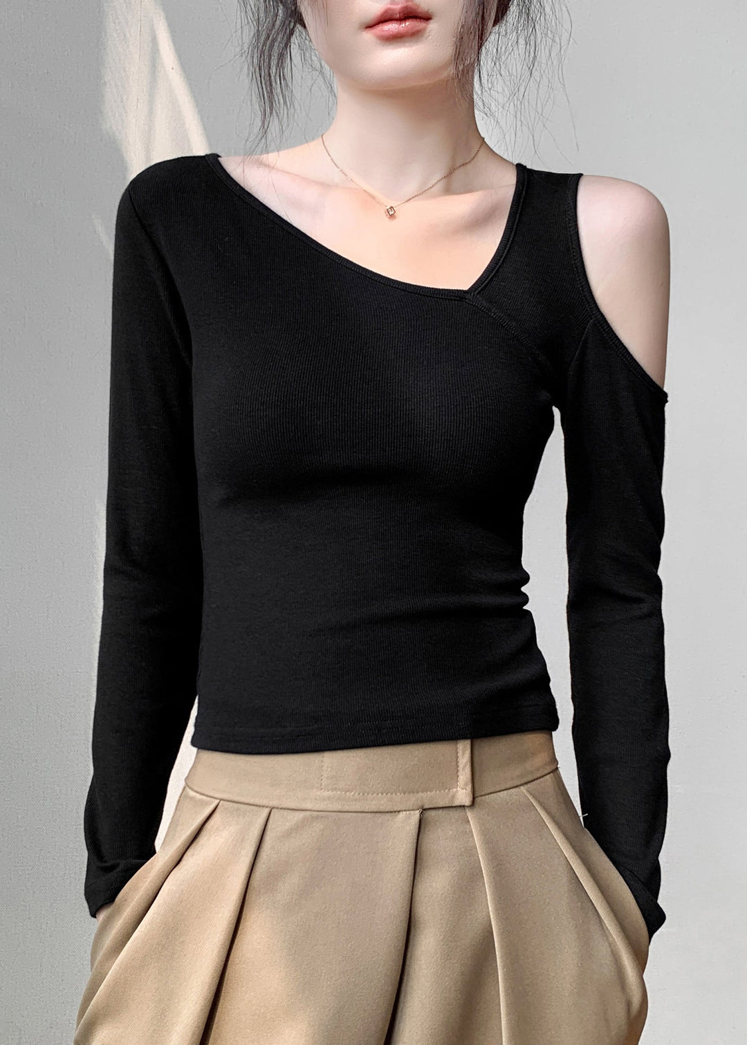 Chic Yellow Cold Shoulder Hollow Out Cotton T Shirt Fall