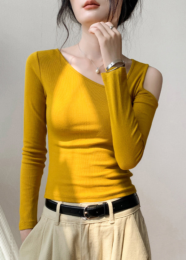 Chic Yellow Cold Shoulder Hollow Out Cotton T Shirt Fall