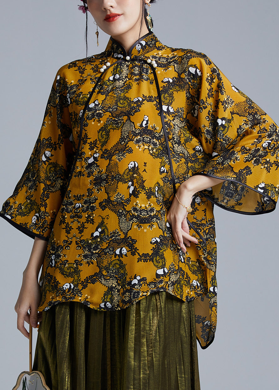 Chic Yellow Stand Collar Button Low High Design Silk Shirts Spring