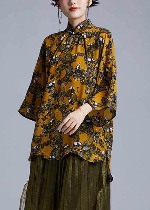 Chic Yellow Stand Collar Button Low High Design Silk Shirts Spring