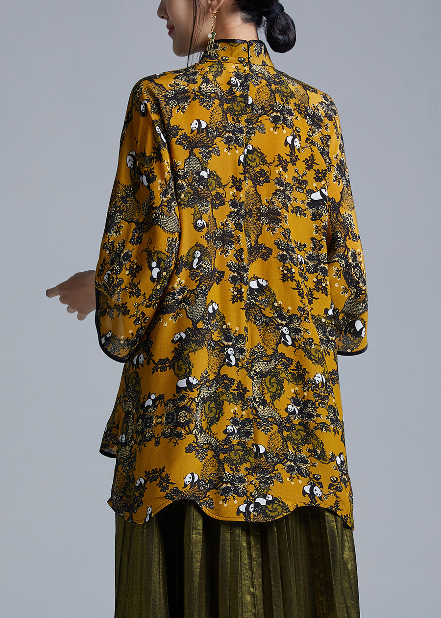 Chic Yellow Stand Collar Button Low High Design Silk Shirts Spring