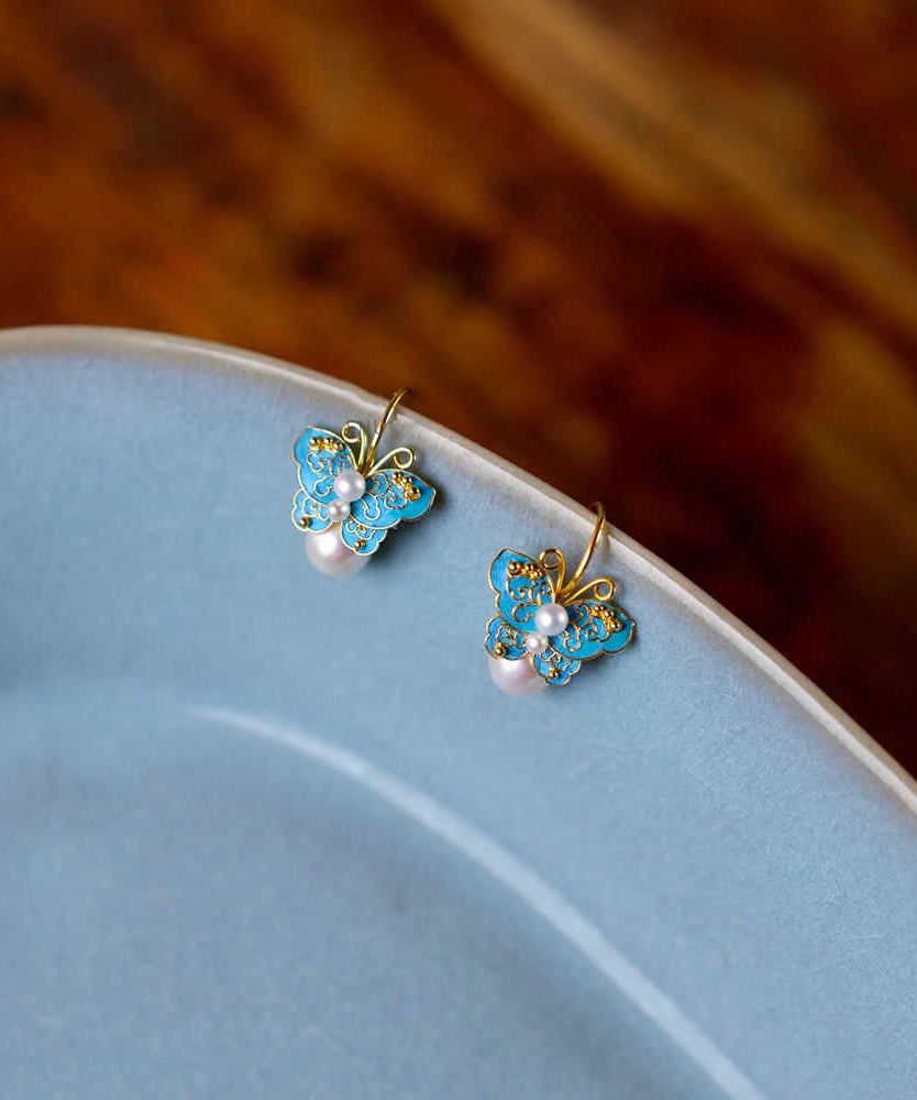Chinese Style Blue Srerling Silver Overgild Butterfly Drop Earrings