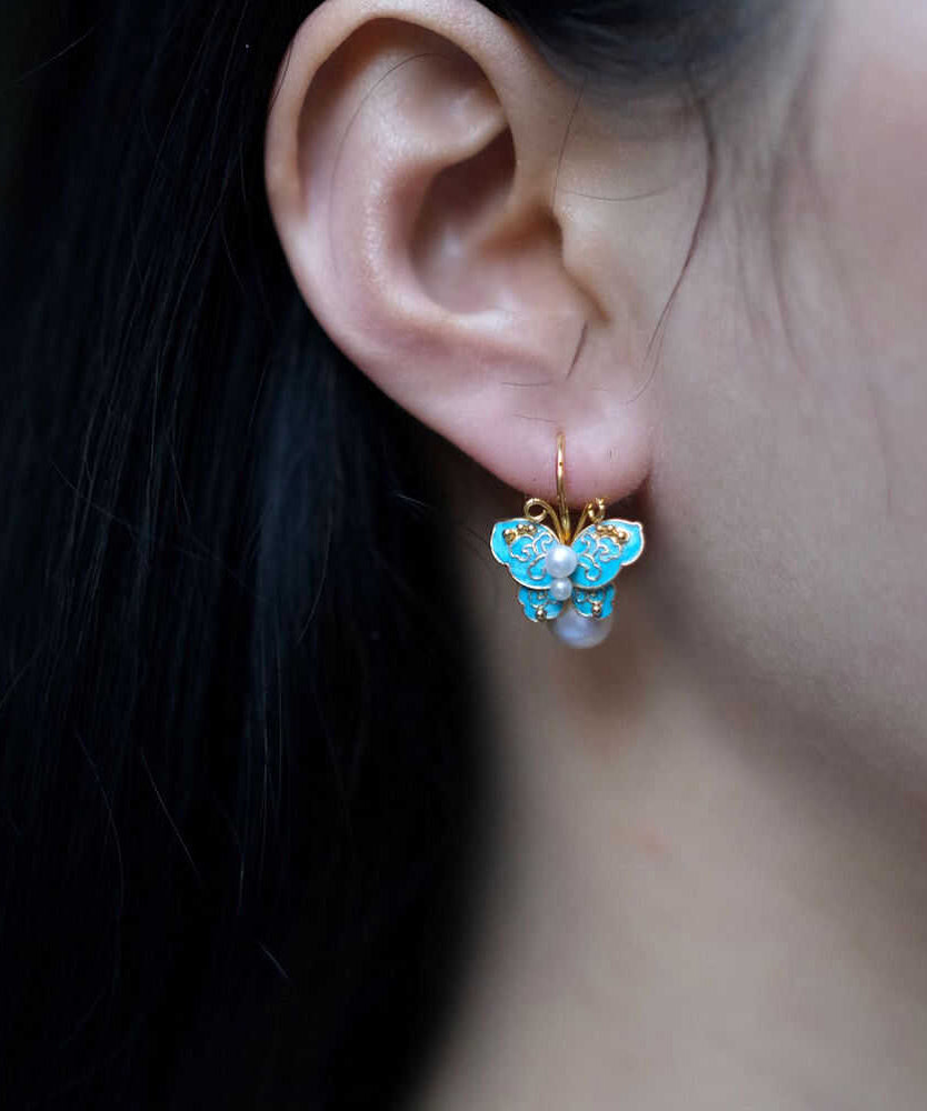 Chinese Style Blue Srerling Silver Overgild Butterfly Drop Earrings