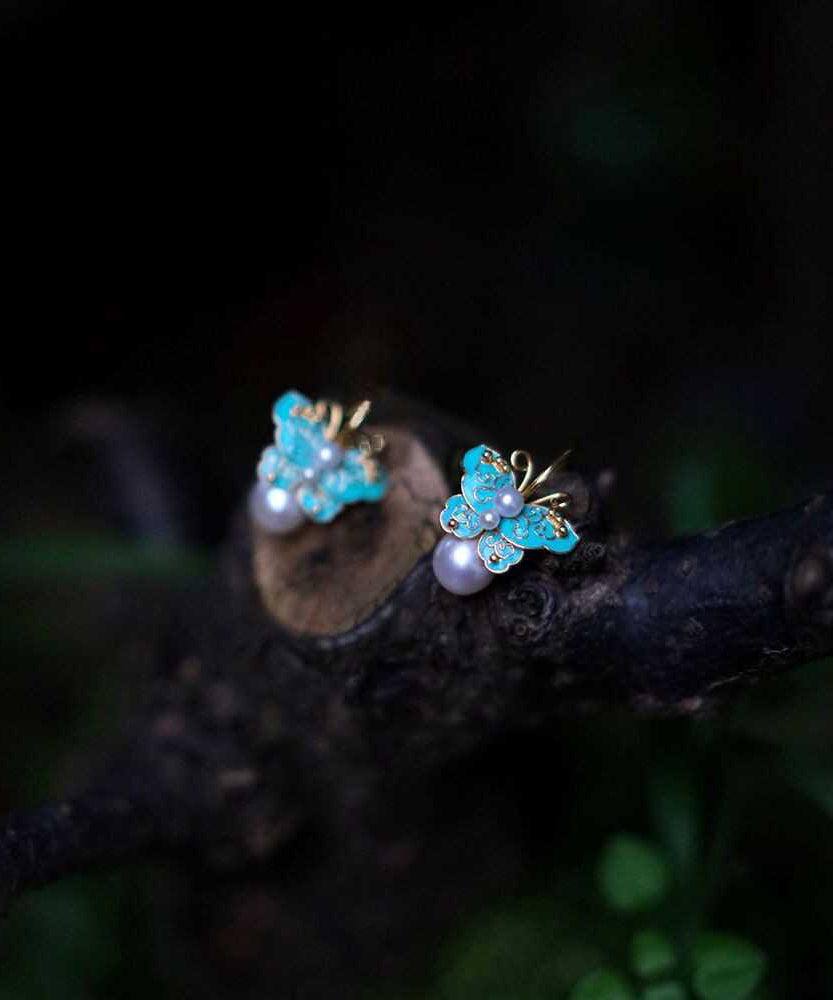 Chinese Style Blue Srerling Silver Overgild Butterfly Drop Earrings