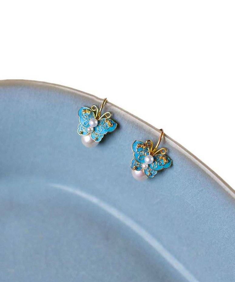 Chinese Style Blue Srerling Silver Overgild Butterfly Drop Earrings