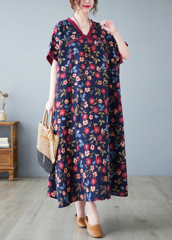 Chinese Style Dark Blue V Neck Print Patchwork Long Dresses Short Sleeve