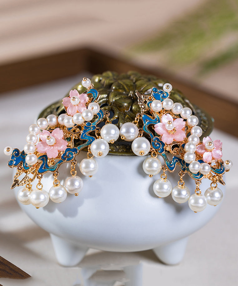 Chinese Style Gold Alloy Pearl Floral Tassel Hairpin