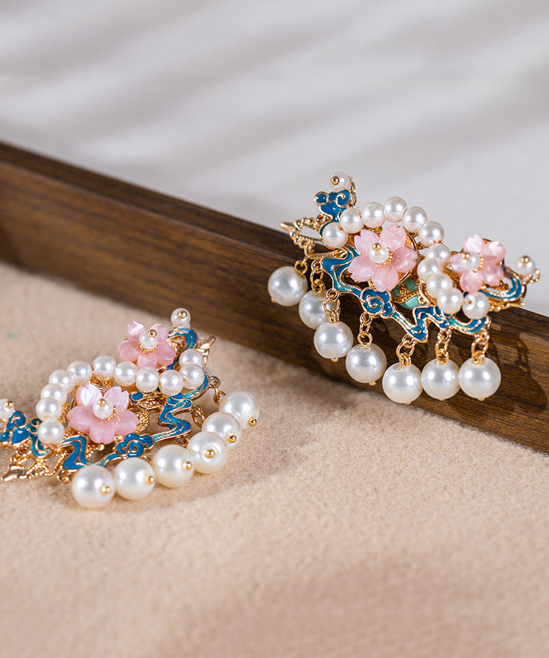 Chinese Style Gold Alloy Pearl Floral Tassel Hairpin