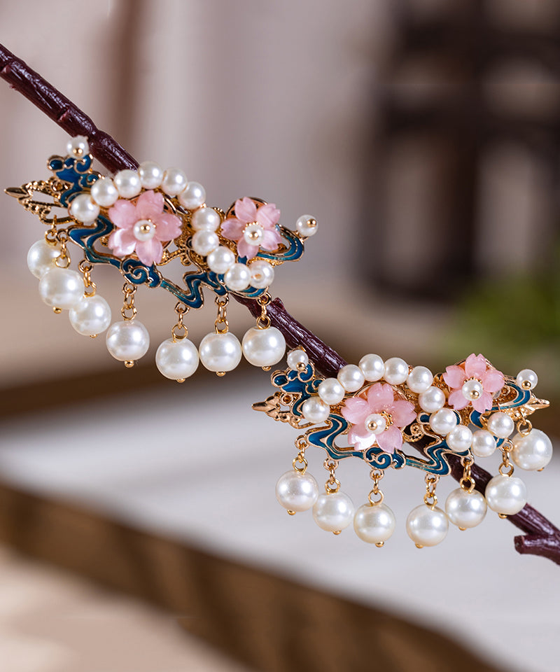 Chinese Style Gold Alloy Pearl Floral Tassel Hairpin