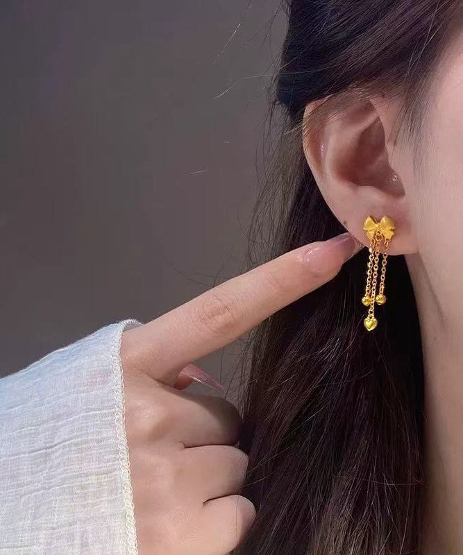 Chinese Style Gold Sterling Silver Overgild Bow Tassel Drop Earrings