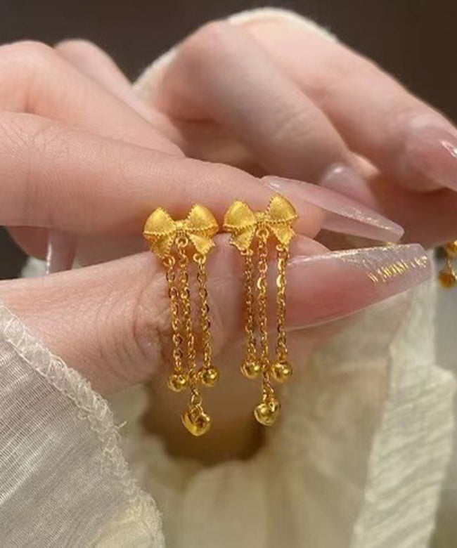 Chinese Style Gold Sterling Silver Overgild Bow Tassel Drop Earrings