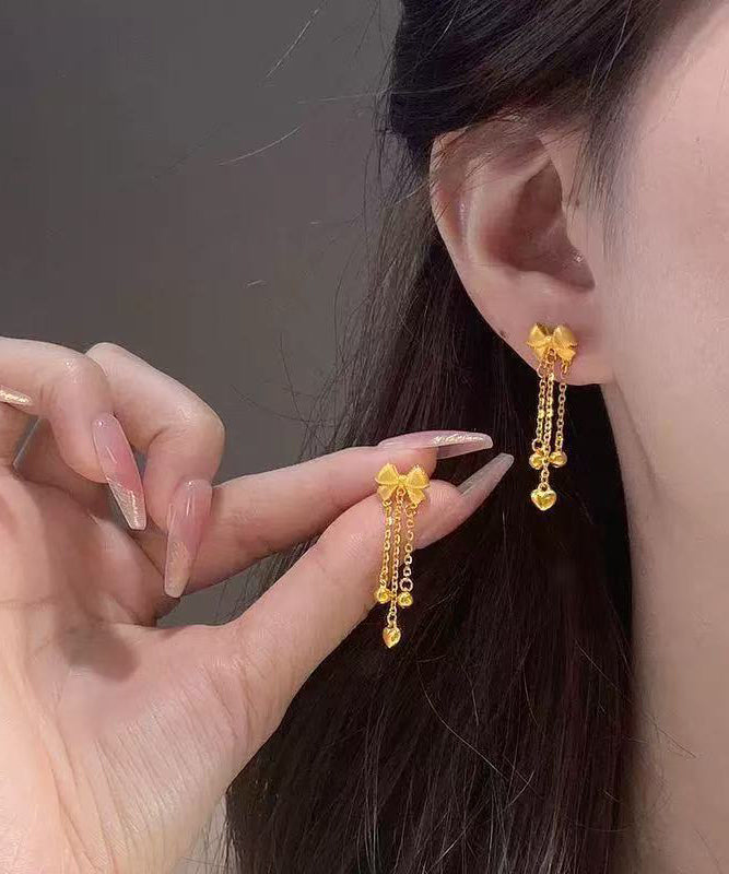 Chinese Style Gold Sterling Silver Overgild Bow Tassel Drop Earrings