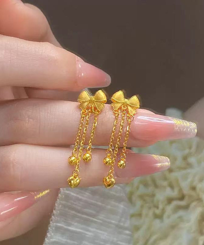 Chinese Style Gold Sterling Silver Overgild Bow Tassel Drop Earrings